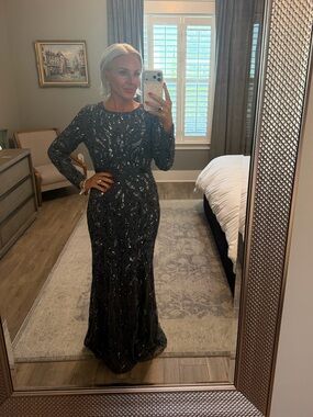 Mac Duggal Dark Gray Long Sleeve Beaded Evening Gown